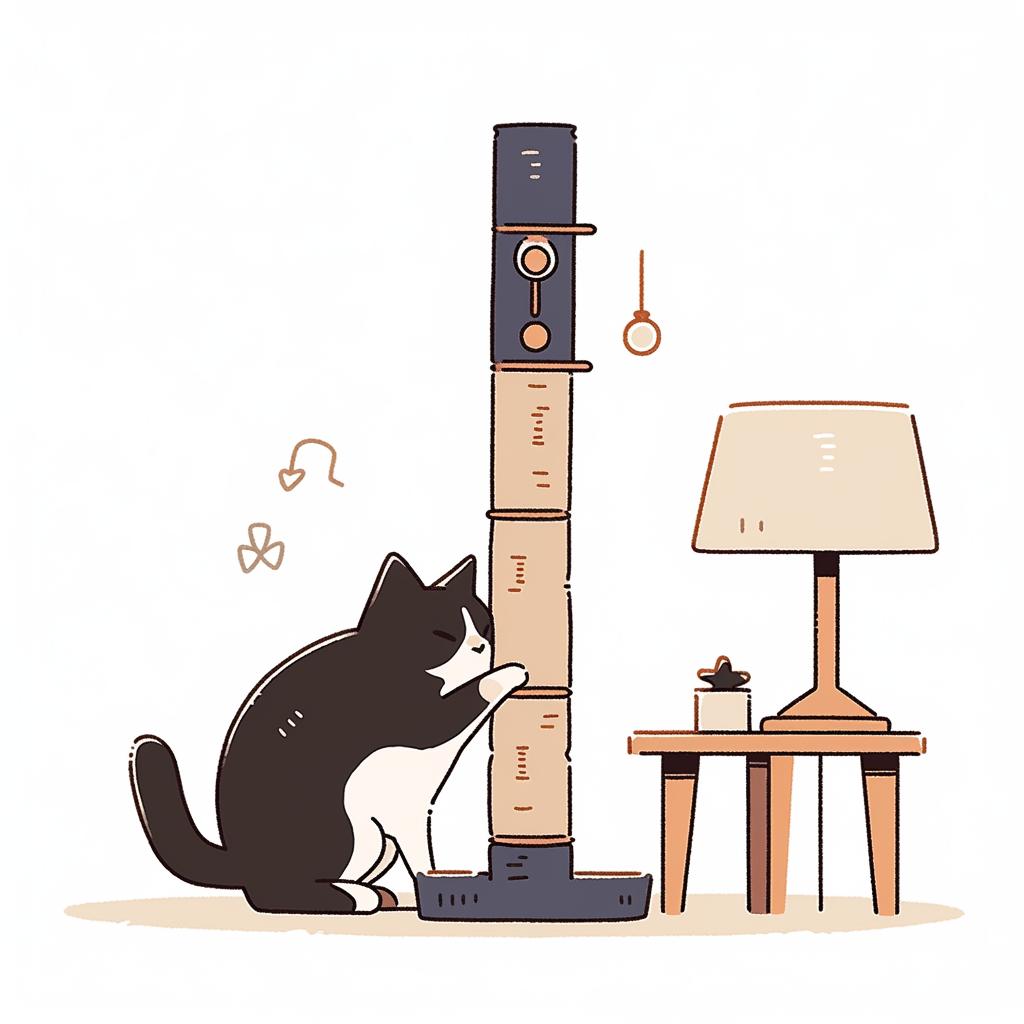 A cat sniffing a scratching post near a sofa